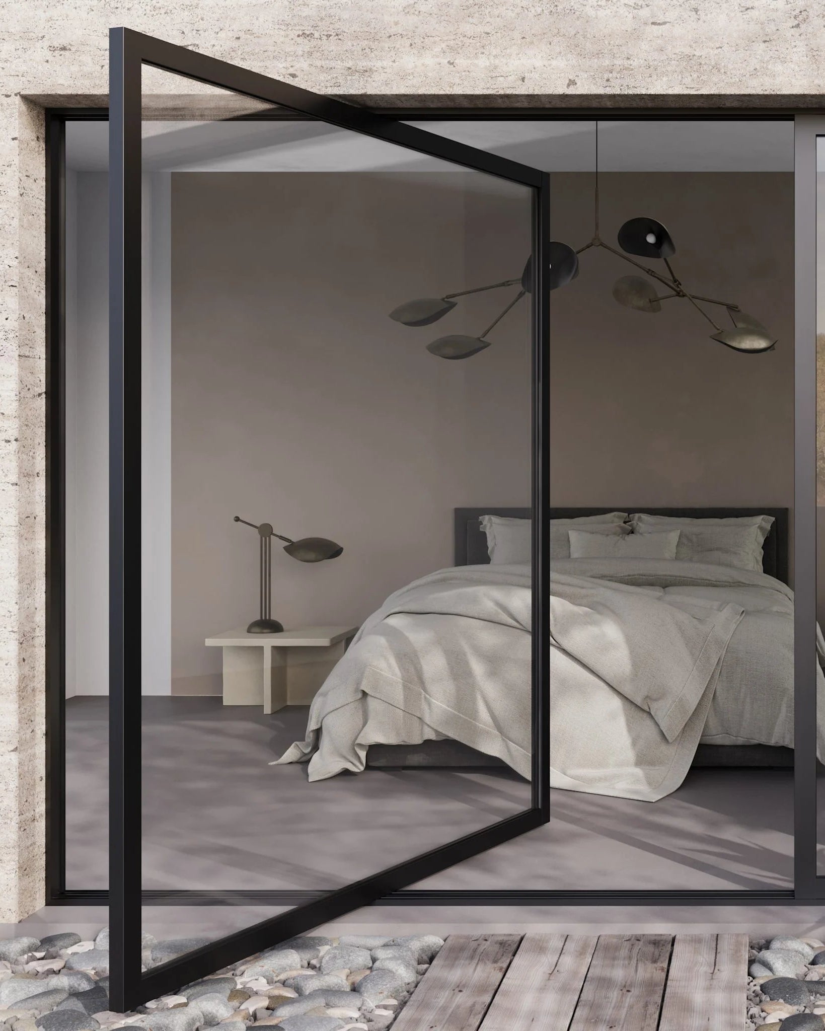 Modern bedroom with pivot glass door partition and travertine wall. Brutus coffee table on the side of the bed. 101 Copenhagen curated by Numa Home