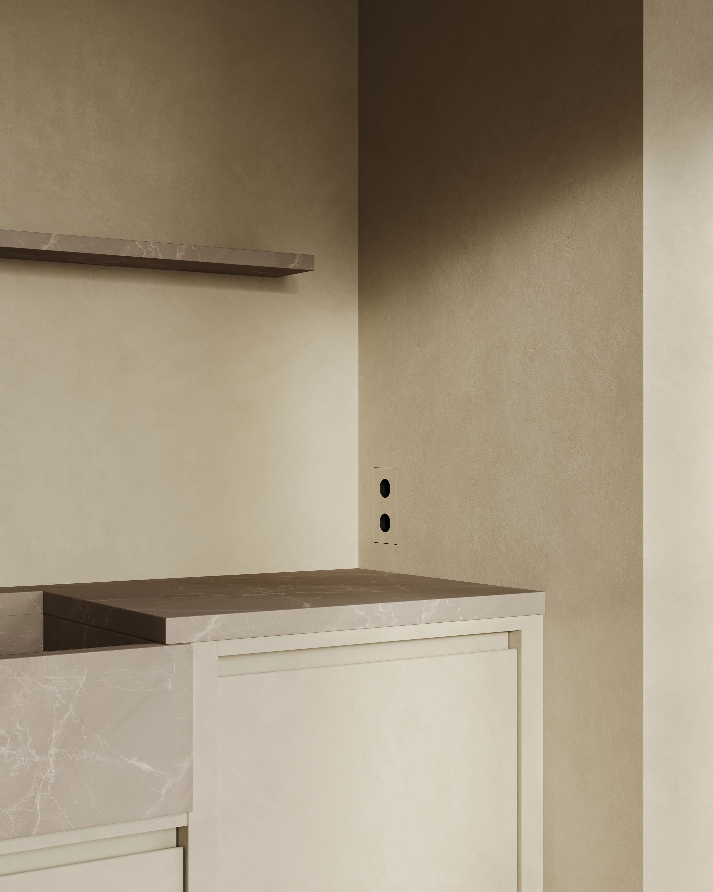MATA recessed double power outlet seamlessly integrated into a beige plastered kitchen wall with matching countertop and shelf – Sumum x Studio STRAF.