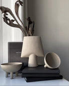 Decorative items including a vase, cup, and books on a surface with a neutral background.