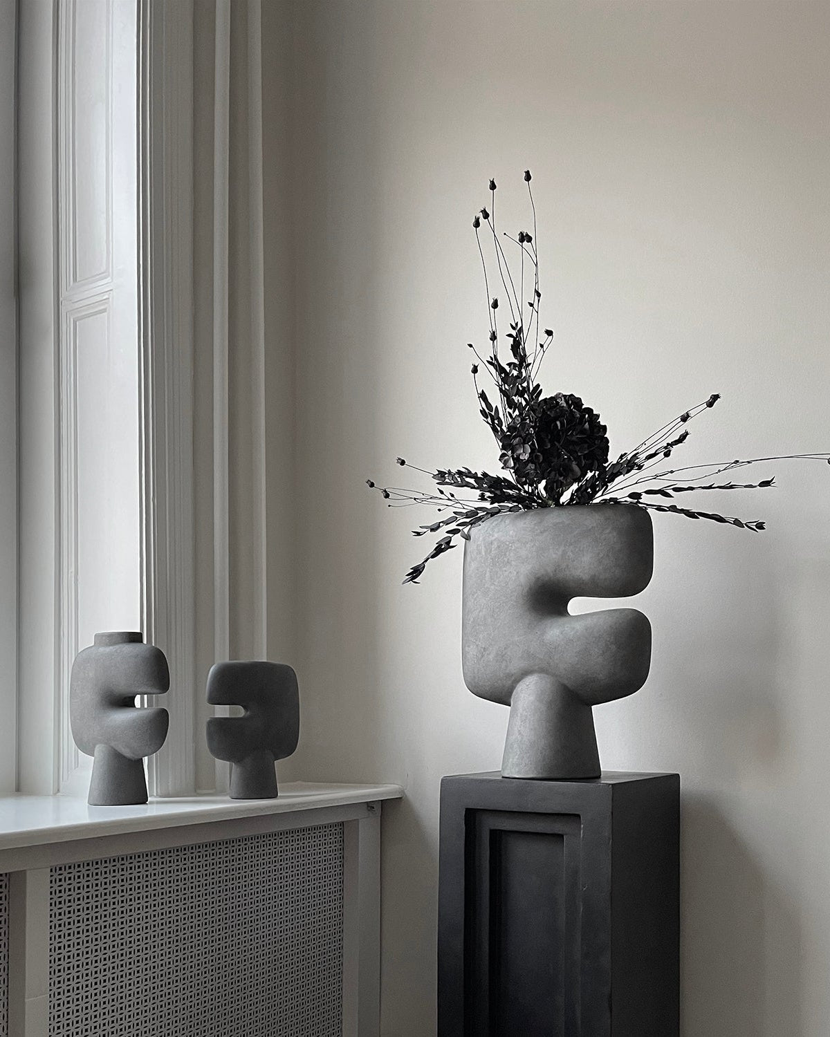 Modern vase with dried flowers on a side table next to a window