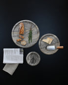 Enkei Tray, Mini, Medio, and Maxi side by side for size comparison in Earth (Silver Travertine), round stone tray – 101 Copenhagen.