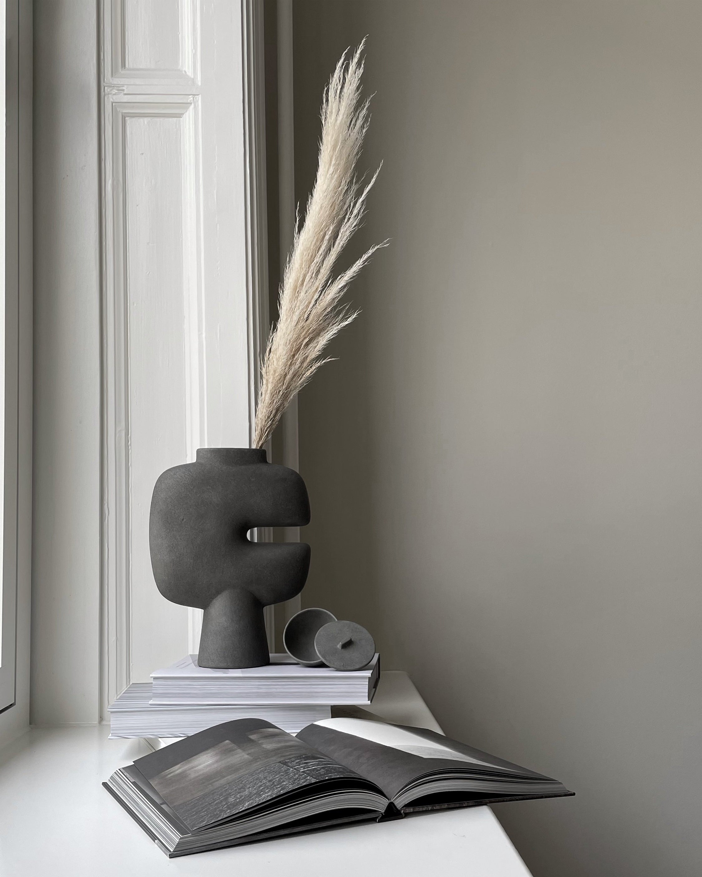 Decorative sculptural vase with dried plant on a surface near a window from 101 CPH