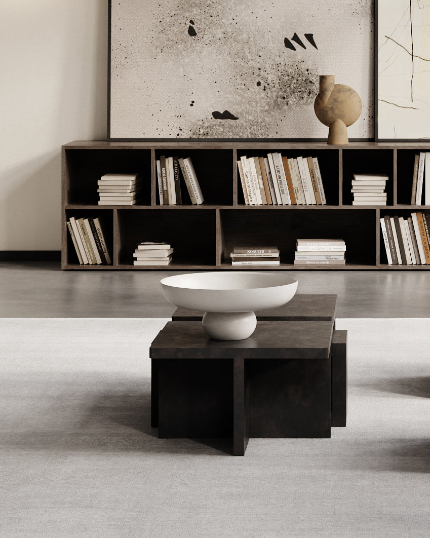 Modern living room with a bookshelf, coffee table, and decorative items. Brutus coffee table by 101 CPH curated by Numa Home