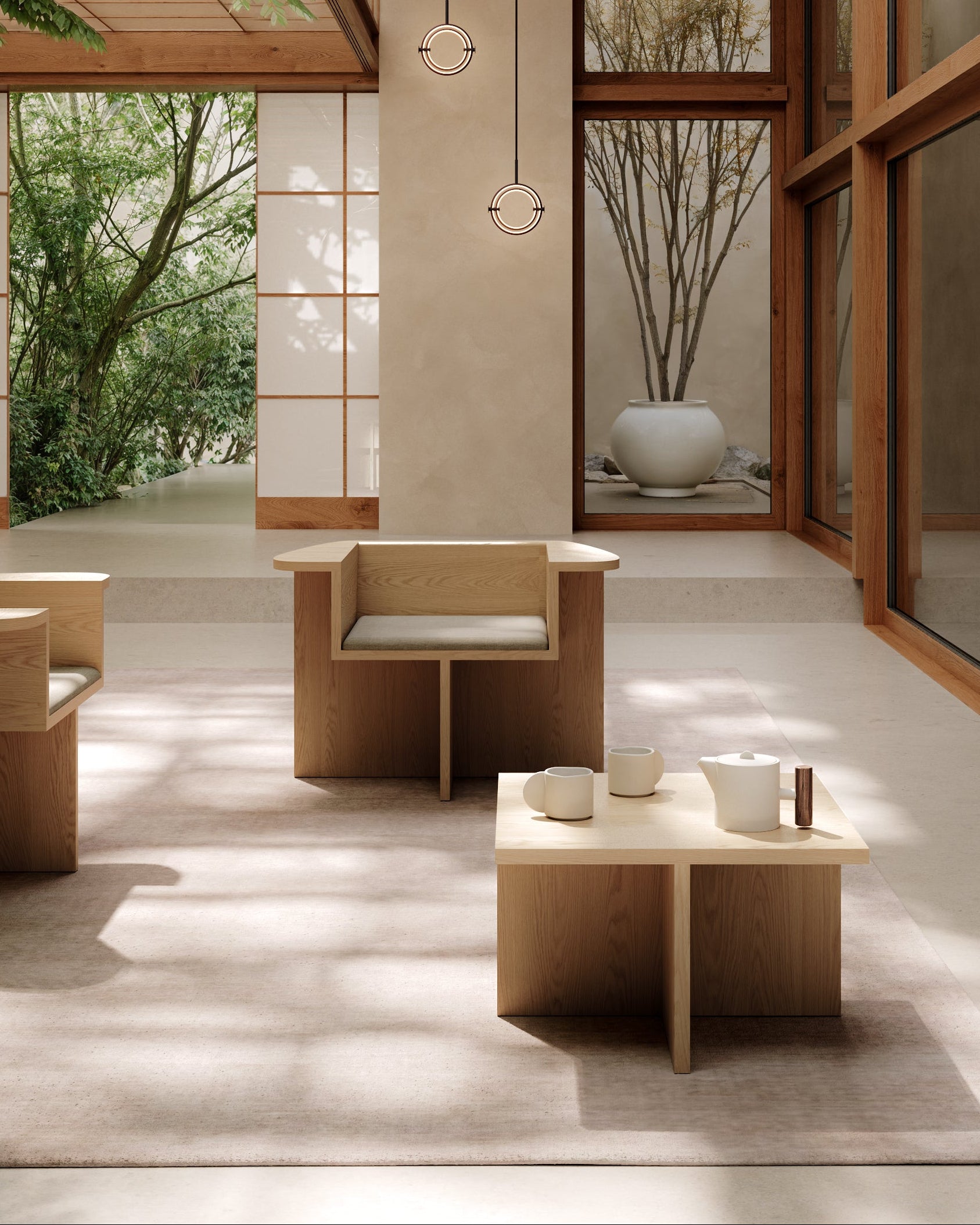 Oak Brutus coffee table by 101CPH on a Zen garden with Brutus Chair