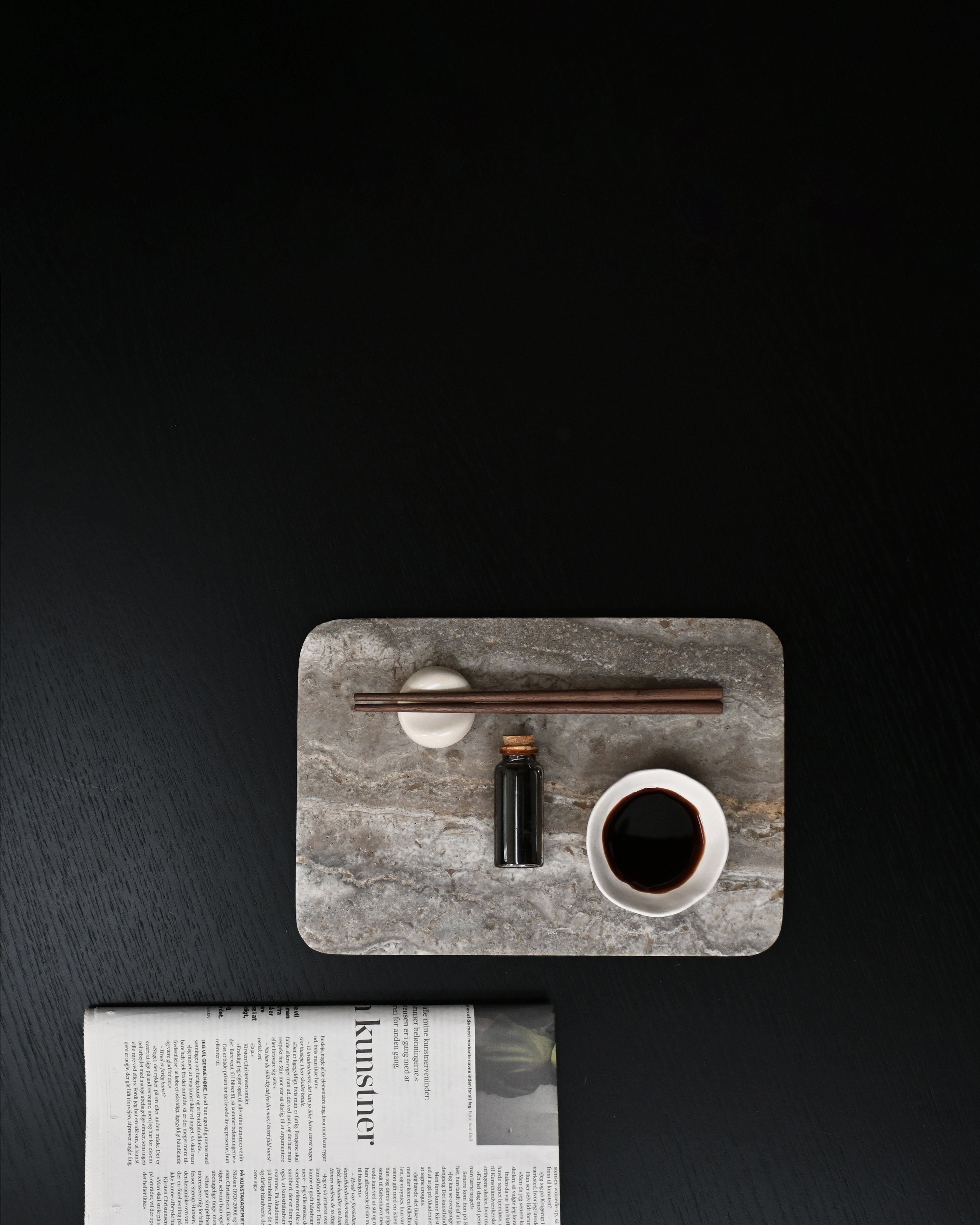 Enkei Tray Rectangular, Mini used as a tabletop styling tray – Silver Travertine, 101 Copenhagen.