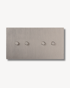 Brushed Nickel rectangular switch plate made of brass with four silver round knobs on a white background. Suitable for smart homes and conventional wiring.