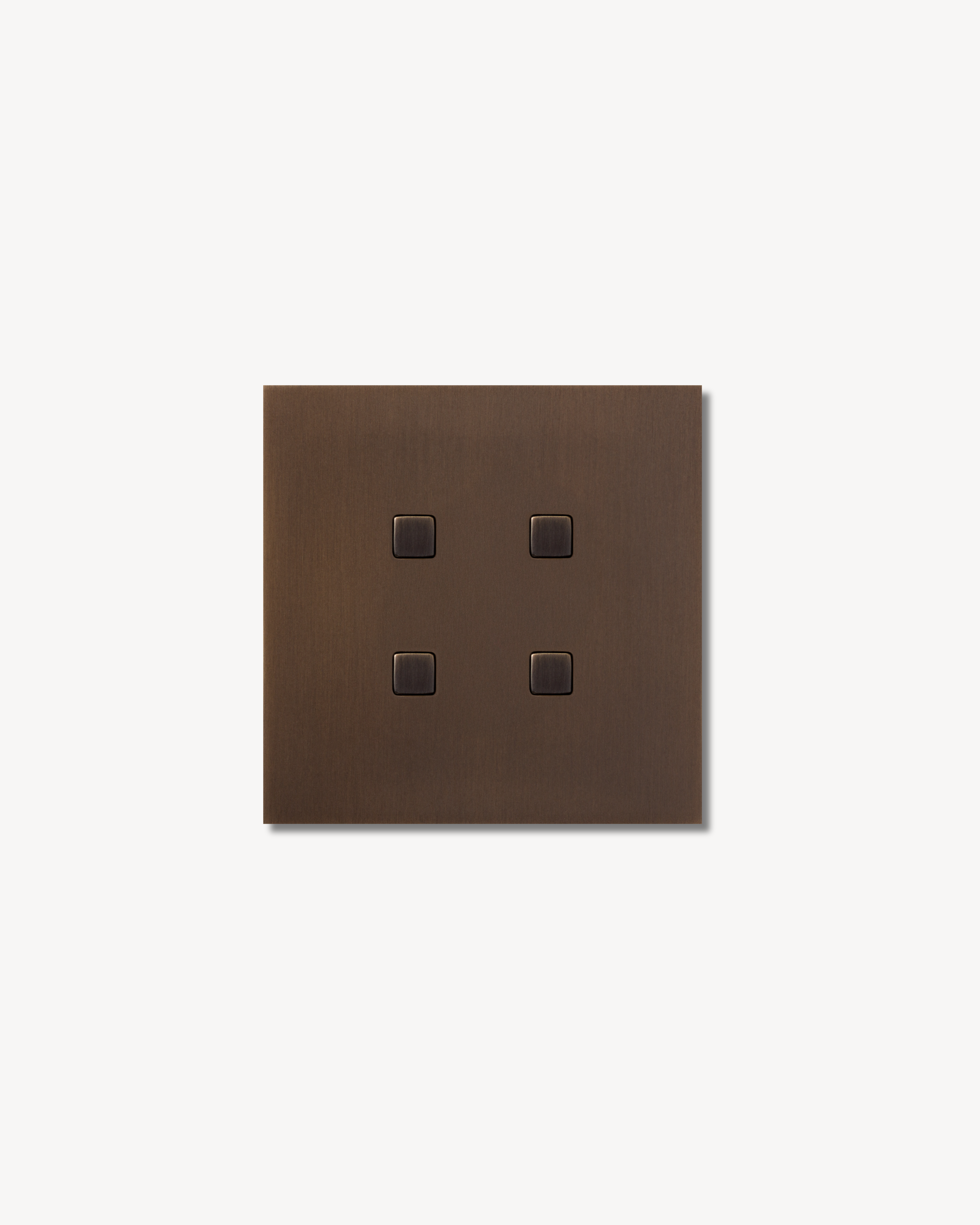 Sumum Square four-button brass switch in antique bronze (brass patina matching with Quooker) finish, handmade Belgian switch plate for modern, high-end project